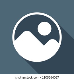 Simple picture icon. White flat icon with long shadow on background