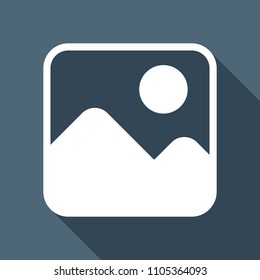 Simple picture icon. White flat icon with long shadow on background