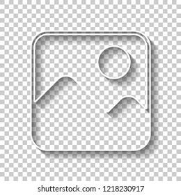 Simple picture icon. White outline sign with shadow on transparent background