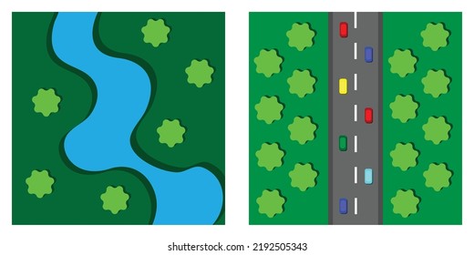 Imagen simple de un río rodeado de bosques y una carretera con coches rojos, verdes, amarillos y azules adecuados para el diseño de plantillas