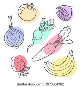 Simple pictures of fruit vegetables Isolated on white background. Vector illustration. Doodle style. Cooking, food, tasty, delicious, eating, tomato, lemon, radish, carrot, onion, banana, strawberry. 