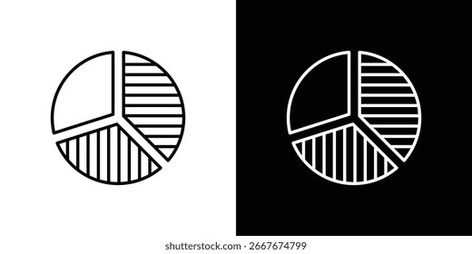 Icono de gráfico circular simple dividido en tres secciones, presentado en ambos fondos blancos y negros. Ideal para presentaciones o informes.