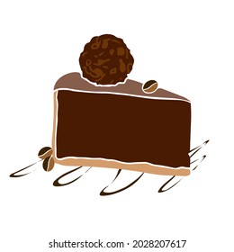 Simple Piece of cake, triangle slice with chocolate cream on plate isolated on white background. Silhouette Decoration for menu, pictures.