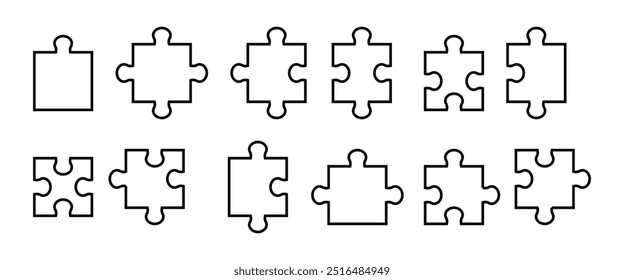 Peças simples Puzzle preto vetor linha ícone conjunto. quebra-cabeça peças silhueta. Vetor de quebra-cabeça perfeito para ilustrações de conceito, resolução de problemas