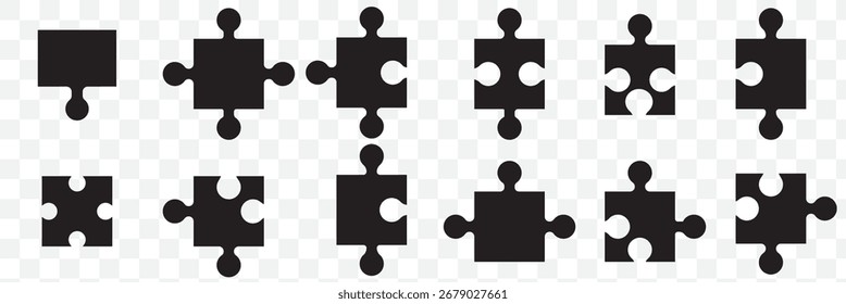 Simples peças Puzzle preto vetor ícone conjunto. quebra-cabeça peças silhueta. Vetor de quebra-cabeça perfeito para ilustrações conceito, resolução de problemas.