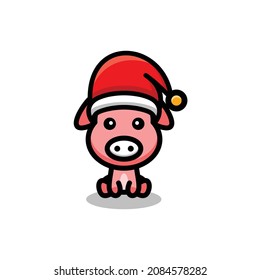 Simple pig with a christmas hat in white background , vector logo design template