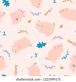 Simple pig seamless pattern. Pink piggy background with oak leaf, carrot and acorn for fabric