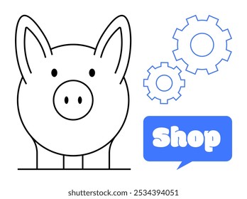 A simple piggy bank drawing is shown alongside two gear symbols and a speech bubble with the word Shop in it. Ideal for savings finance shopping online stores and money management