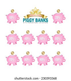 Simple piggy bank icons with percentage numbers on white background