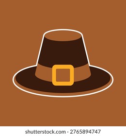 Simple pilgrim hat icon, golden buckle detail, brown color scheme, isolated on brown background, cartoon illustration style.