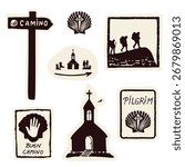 Simple pilgrims rest symbol set sign with boots, scallop shell, buen camino , church, backpackers.
Hand drawn black and white flat vector motif for european pilgrimage and spain albergue pitstop rest.