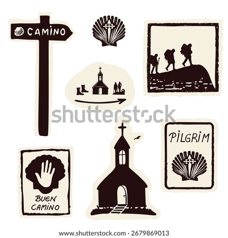 Simple pilgrims rest symbol set sign with boots, scallop shell, buen camino , church, backpackers.
Hand drawn black and white flat vector motif for european pilgrimage and spain albergue pitstop rest.