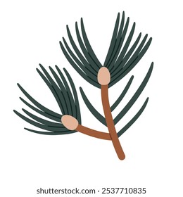 Simple Pine branch with needles in flat design. Dark green botanical twig. Minimalist plant icon for graphic design, logos, and botanical themed. Vector isolated