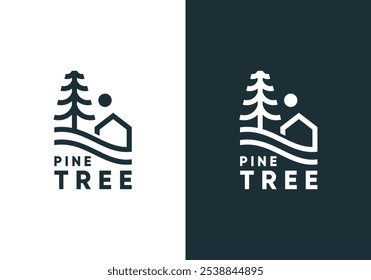 simple pine tree with house logo. real estate, forest, natural wood vector design template