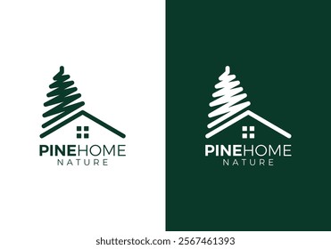 simple pine tree with house logo. real estate, forest, natural wood vector design concept