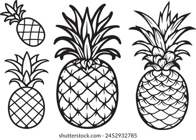 simple pineapple icon cartoon style coloring book for kids, thick line, white and black