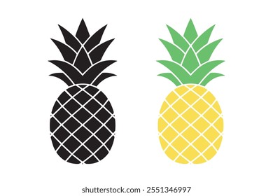 Simples ilustração de vetor de abacaxi com versões em preto e colorido, ideal para projetos tropicais, ícones de alimentos e temas de verão.