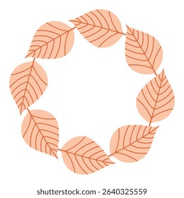 Simple pink ash leaf circle frame. Cute wreath border of autumn leaves. Hello fall. Vector seasonal illustration. Template for poster, postcard.