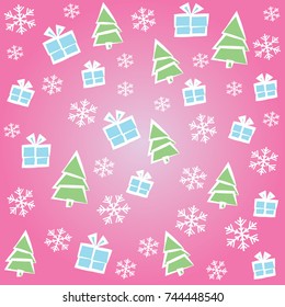Simple pink background of Christmas tree, gift box and snowflakes 