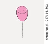 Simple pink balloon with a smiley face. Pink balloon illustration, smiley balloon design, cute pink art. Minimalist balloon drawing on white background. Funky vector illustration.