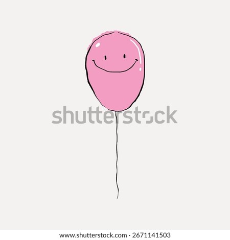 Simple pink balloon with a smiley face. Pink balloon illustration, smiley balloon design, cute pink art. Minimalist balloon drawing on white background. Funky vector illustration.