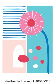 Simple pink and blue flower greeting card illustration isolated on white background 
