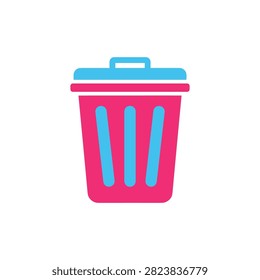 Simple pink and blue waste receptacle with handle. Isolated graphic for concept of disposal or recycling.