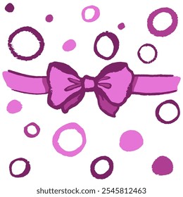 Simple pink bowtie with circles. Vector graphic, isolated hand, draw with texture.