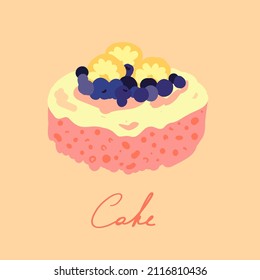 Simple pink cake. Vector illustration on the peach color background. Flat cartoon style. Pink huckleberry, orange sponge cake. Cafe, bakery menu design. Tasty dessert.