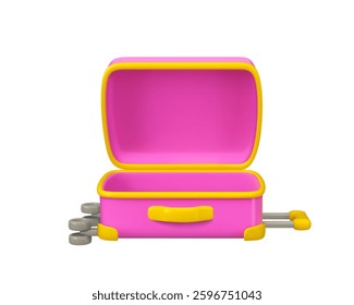 Simple pink cartoon open suitcase with wheels and handle. Vector 3d icon of empty girly luggage isolated on white background. Woman summer vacation baggage