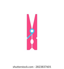 A simple pink clothespeg with a bright blue pivot rests against clean white backdrop ideal for conceptual use in laundry or organization themes.