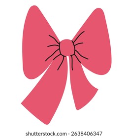 Simple pink color bow, isolated on white background. Flat vector illustrations. Hand drawn ribbon decoration. Silk bow. Hair accessory. Bows for gift wrapping