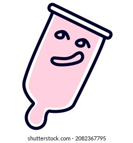 Un simple condón rosa con una sonrisa sarcástica sobre un fondo blanco. Icono anticonceptivo vectorial con emoción lánguida. Un remedio contra las enfermedades de transmisión sexual y el embarazo no planificado.