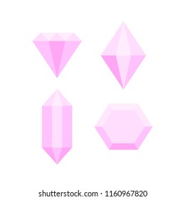 Simple pink diamond crystals on white set, vector