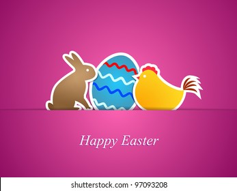 Simple pink easter card with egg, chicken and rabbit made from paper stripe-vector