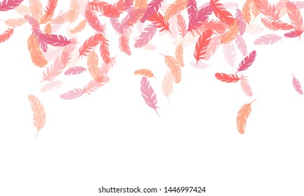 Simple pink flamingo feathers vector background. Plumage trendy fashion shower decor. Lightweigt plumelet windy floating pattern. Falling feather elements soft vector design.