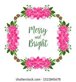 Simple pink floral frame, for design invitation card merry and bright. Vector
