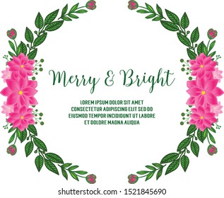Simple pink floral frame, for design invitation card merry and bright. Vector