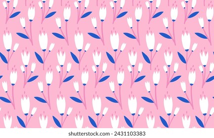 Simple pink floral pattern, white tulips background, repeated plants pink texture. Vector minimal decorative textile print.