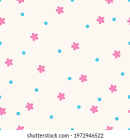 Simple pink flowers and blue dots seamless pattern. Cute nature repeat pattern with blue dots and pink flowers for fabric, textile, paper, underwear. Trendy floral pattern for background and backdrop.