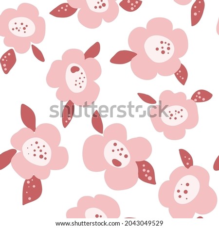 Simple pink flowers pattern. Naive  ornament. Perfect for nursery apparel and interior