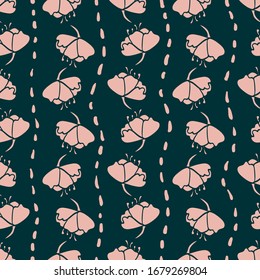 Simple pink flowers vertical stripes seamless vector pattern on a dark background. Botanical surface print design.