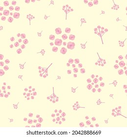Simple pink Forget-Me-Not floral seamless vector pattern background. Sprigs and groups mysotis flowers on pastel yellow backdrop. Scattered botanical design. All over print for spring, baby, wellness