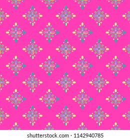 simple pink geometric floral repeating pattern with colorful hand painted quality over pink background . for textile, fabric, backdrop and background surface designs