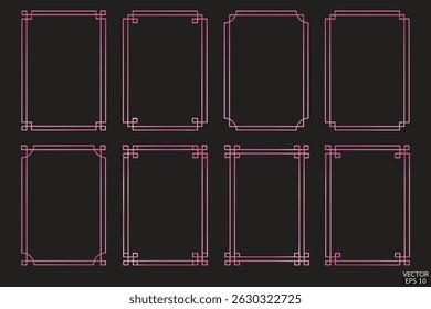 Simple pink geometric frames are isolated on black background. Luxury pink borders for invitations, luxury templates, and decorative patterns. Chinese border design. 3D vector illustration.
