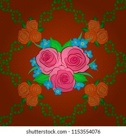 Simple pink, green and orange vector roses with green leaves seamless pattern.