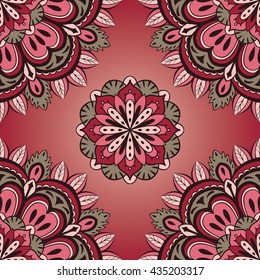 Simple pink and grey pattern of mandalas. Floral oriental ornament. Template for textile.
