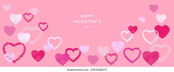  Simple pink Happy Valentine’s day horizontal border with copy space. Vector hand drawn sketch doodle hearts with lines. Suitable for email header, post in social networks, advertising