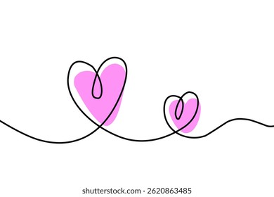 Simple pink heart continuous wavy line art drawing on white background. Happy valentine's day header or banner or letter template. vector heart. 
