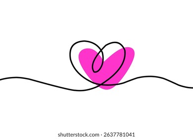 	
Simple pink heart continuous wavy line art drawing on white background. Happy valentine's day header or banner or letter template. vector heart.